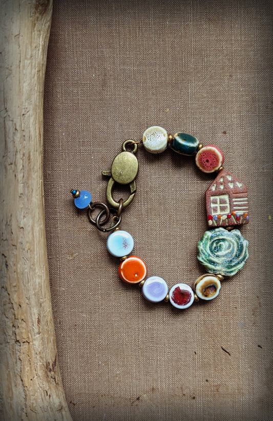 Ceramic Beaded Bracelet with House Focal