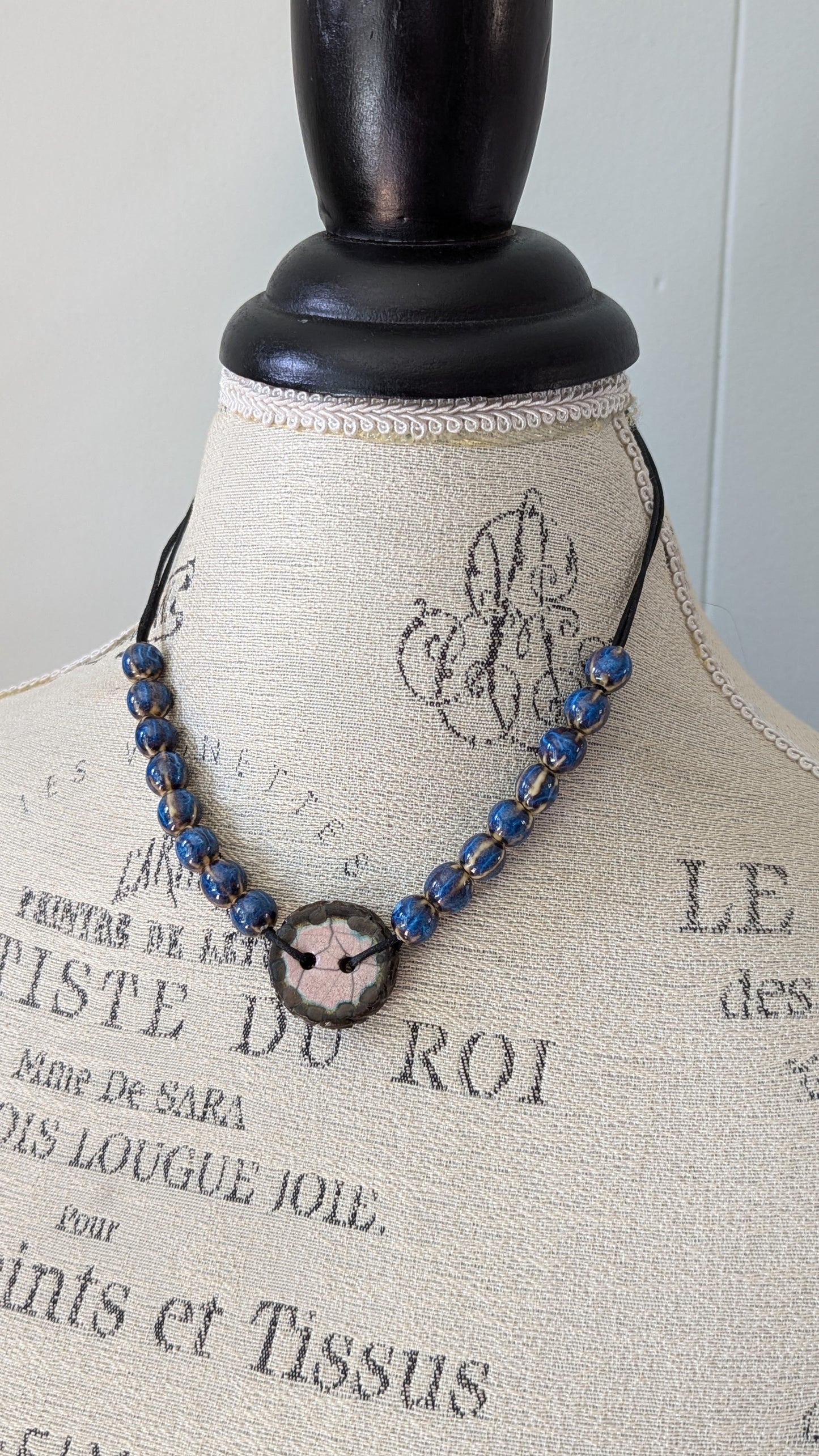 Ceramic Beaded Necklace with Button Focal