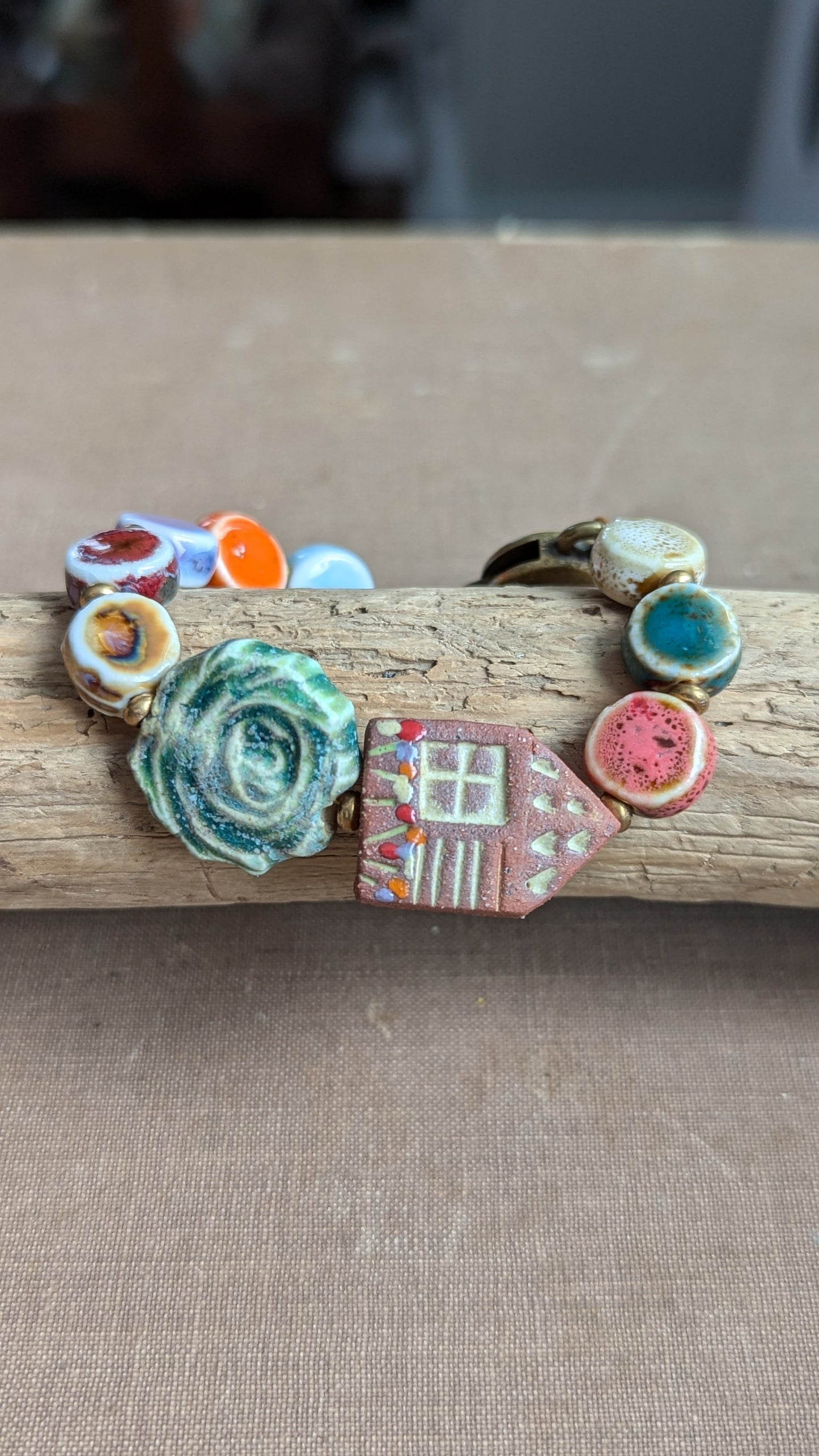 Ceramic Beaded Bracelet with House Focal