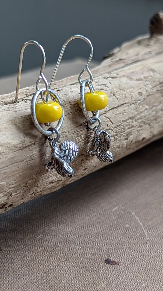 Pewter Bird Earrings with Yellow Glass