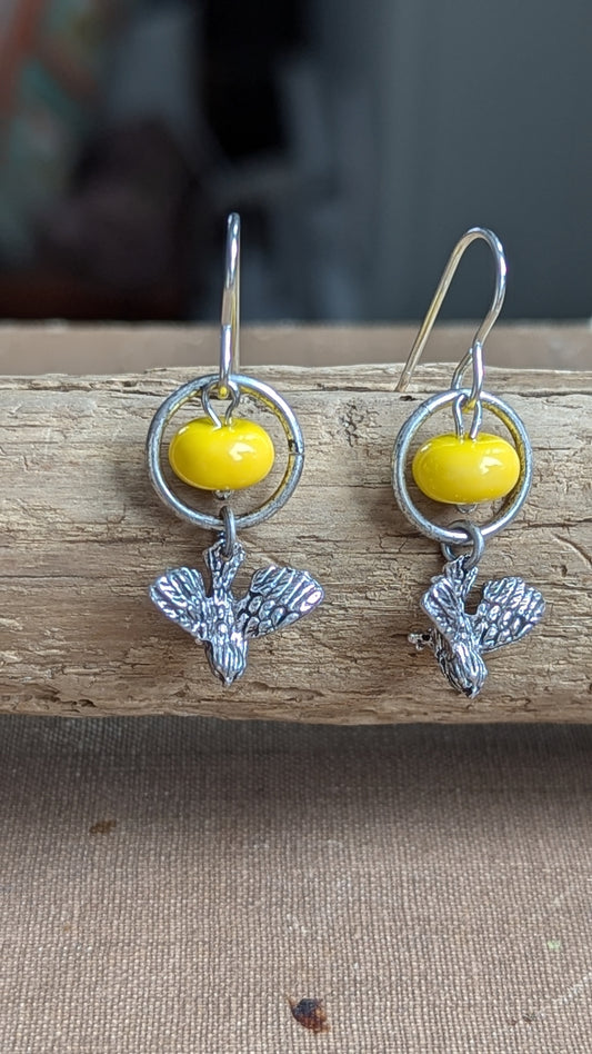 Pewter Bird Earrings with Yellow Glass