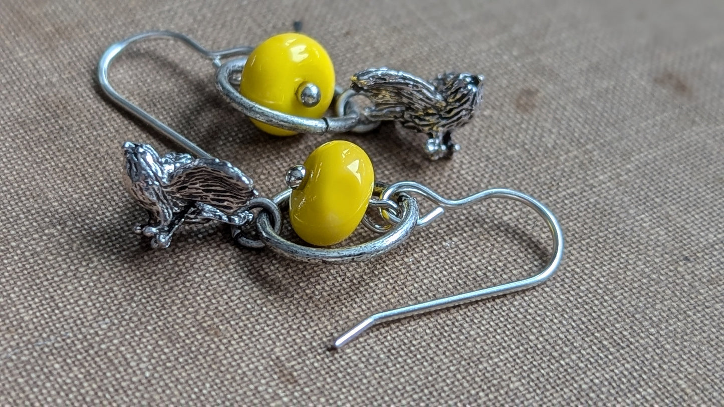 Pewter Bird Earrings with Yellow Glass