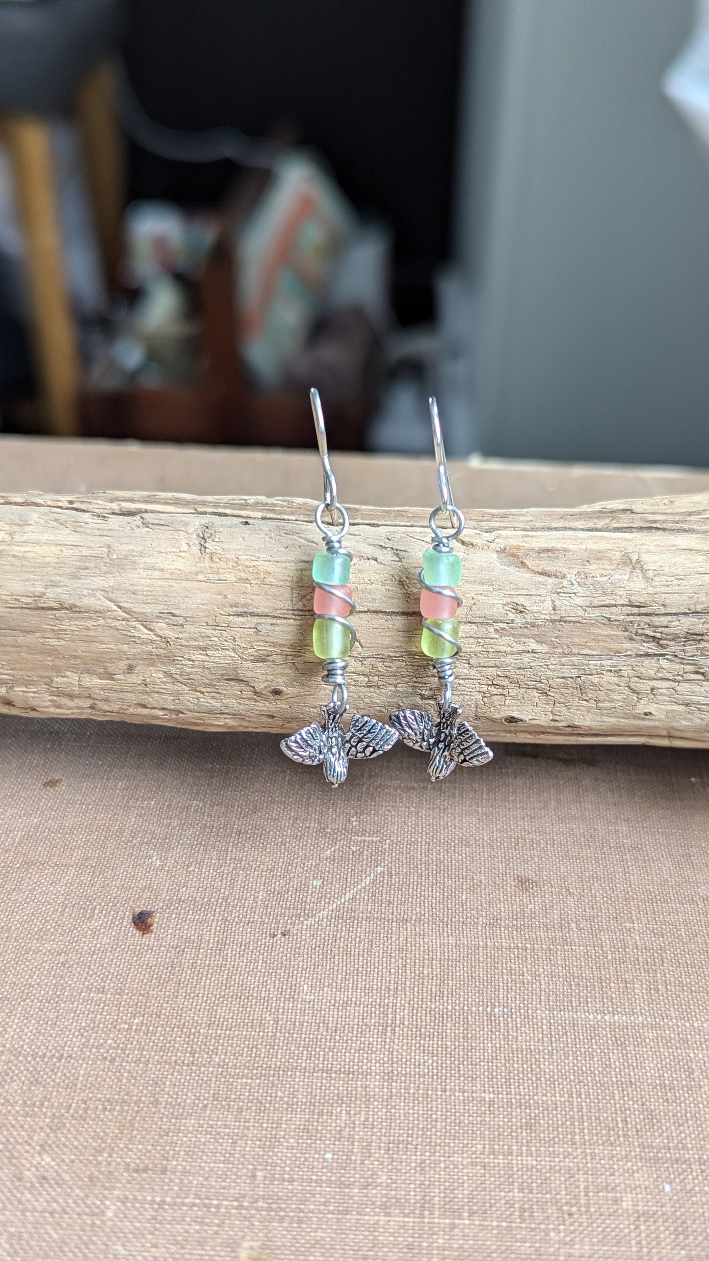 Indonesian Glass Beaded Earrings with Tiny Birds